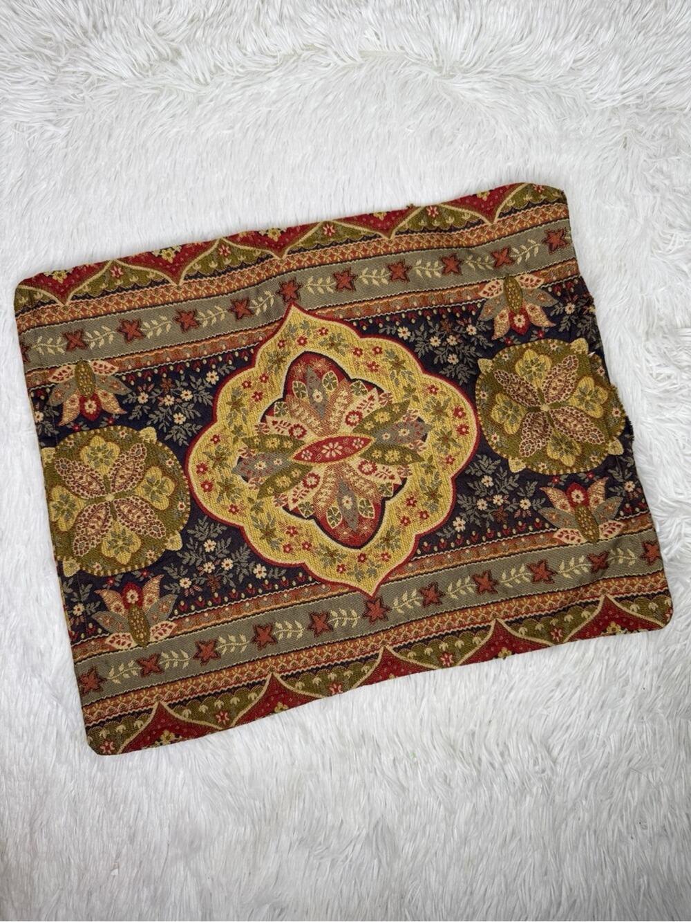 Vintage tan red boho cottagecore printed tapestry brocade handmade pillow cover